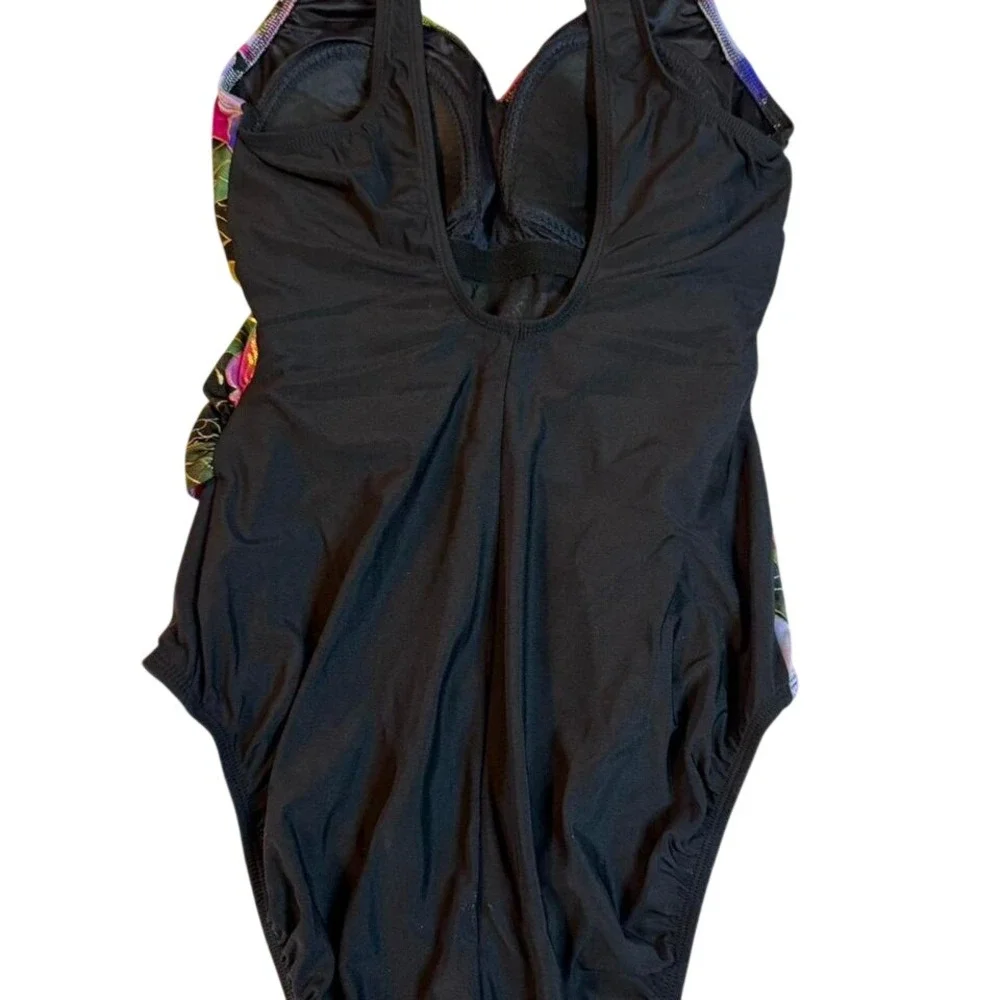 Floral One Piece Swimsuit Women 12/14 Black‎ Multicolor Draped Front